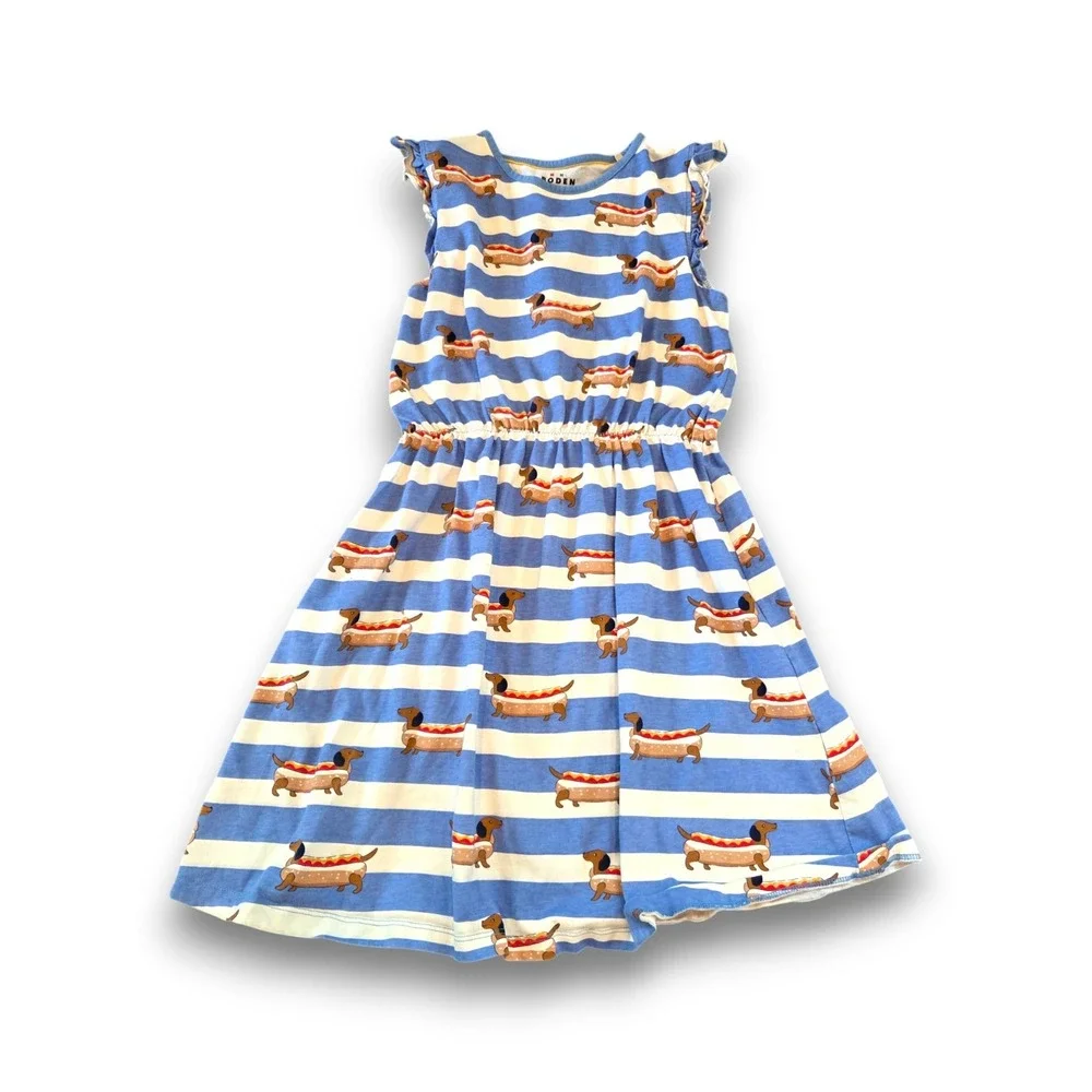 Mini Boden Blue Stripe Dress Dachshund Weiner Dog Cotton Jersey Girls 11-12